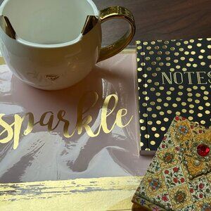 Gold Girly Sparkle Productivity Kit with Mug, Folders, and Notebooks